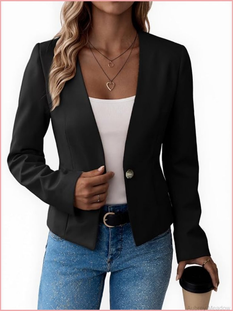 Collarless Open Front Blazer - Lightweight Slim Fit Work Jacket